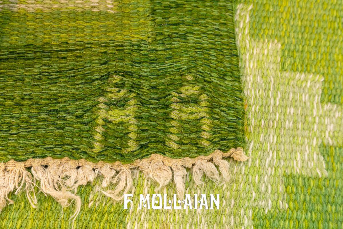 Greenish Signed Rollakan Swedish Wool Kilim n°:512174